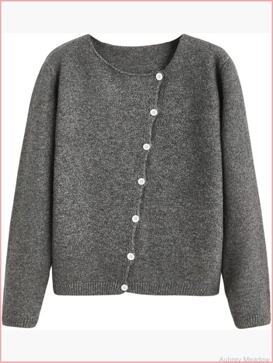 Sweaters - Asymmetrical Button Down Cardigan Long Sleeve Crewneck Knitted Sweater Trendy